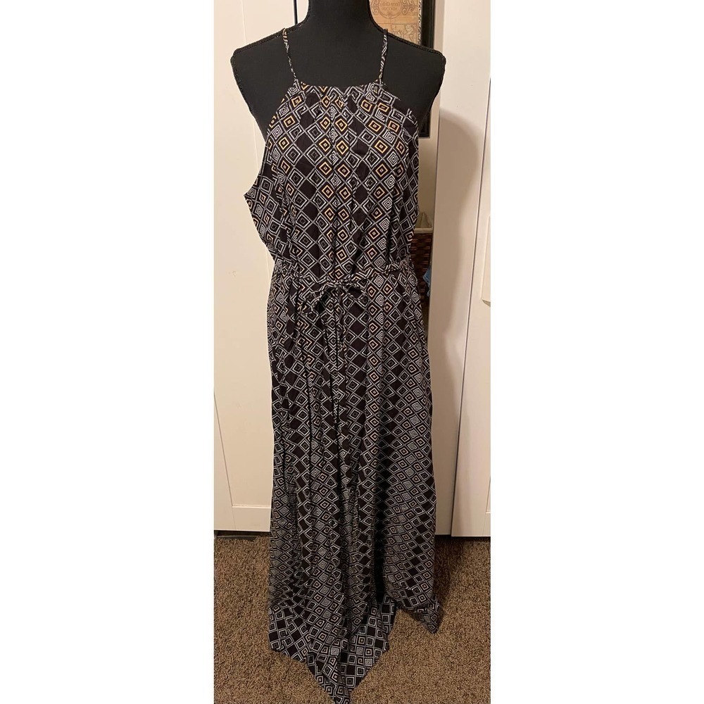 ADAM Levine Black Geometric Halter Maxi Dress Size Large Made In India